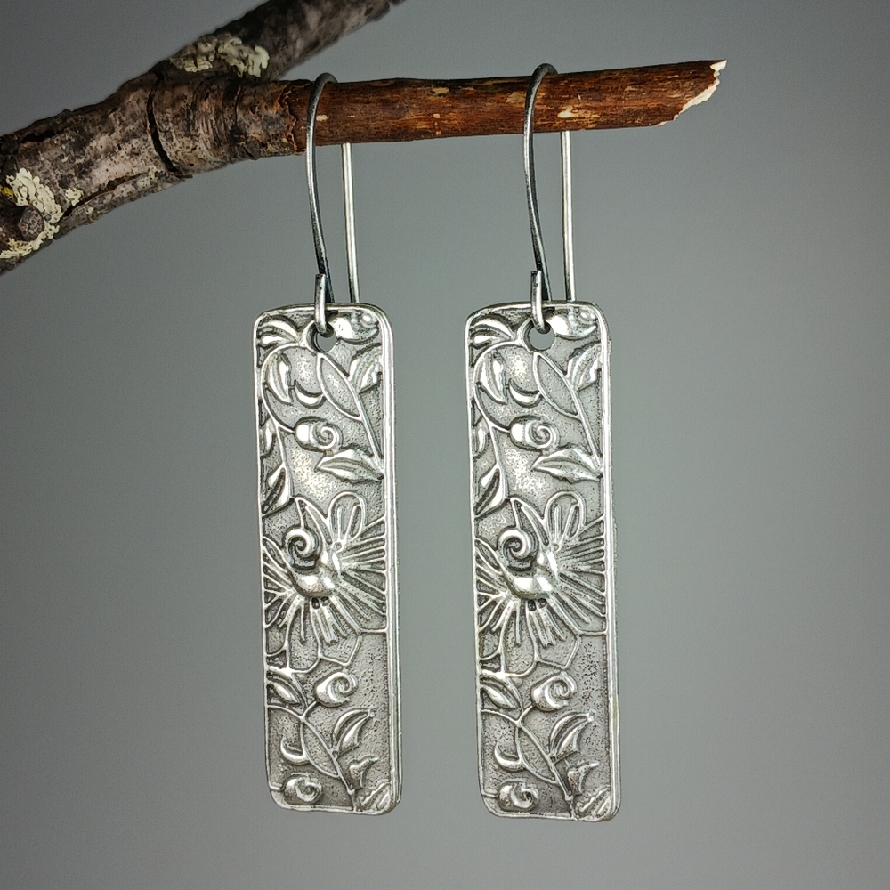 HAND CRAFTED EARRINGS Vintage Style Silver Bird Flower Minimalist Dangle